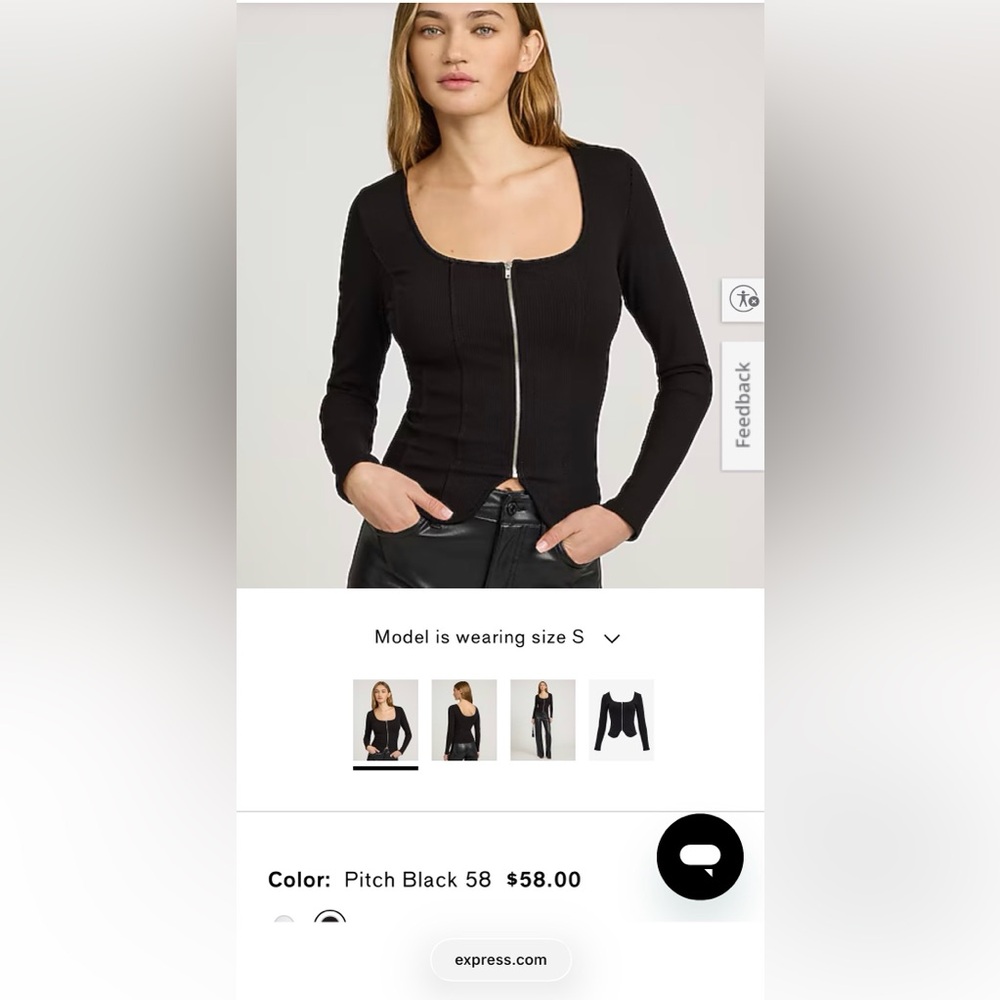 Express Black Square Neck Long Sleeve Zip Front Top